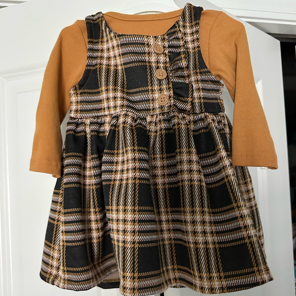 Plaid jumper Dress with Mustard Long Sleeve and  green corduroy with gold dots